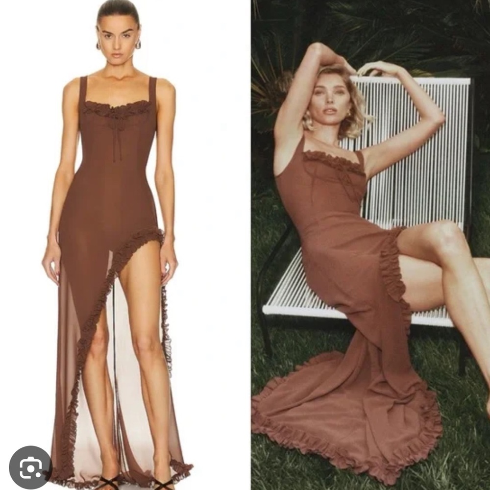 HELSA Sheer Ruffled Brown Long Dress